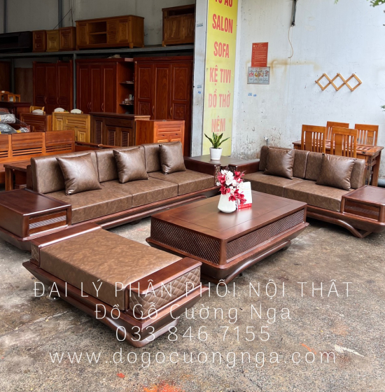 Bàn Ghế Sofa Gỗ Sồi Nga 2 Văng Lau Màu Óc Chó Tay Da Cao Cấp