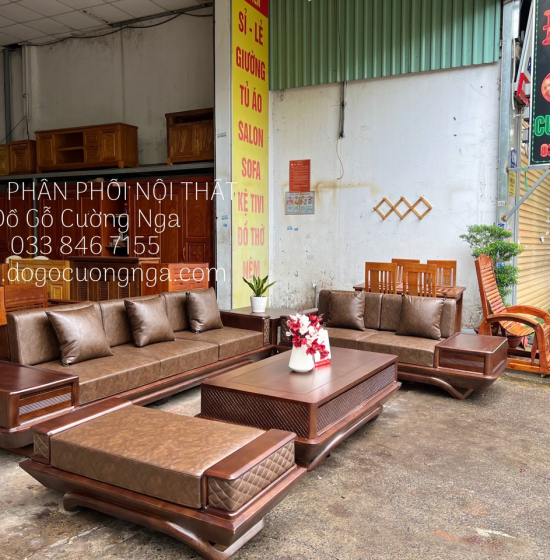 Bàn Ghế Sofa Gỗ Sồi Nga 2 Văng Lau Màu Óc Chó Tay Da Cao Cấp