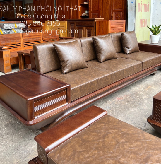 Bàn Ghế Sofa Gỗ Sồi Nga 2 Văng Lau Màu Óc Chó Tay Da Cao Cấp