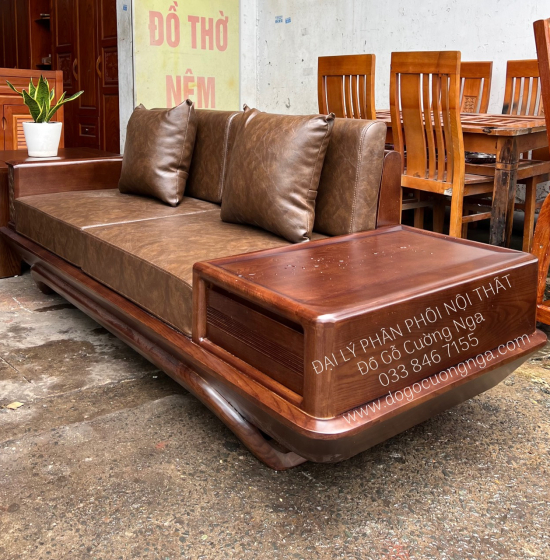 Bàn Ghế Sofa Gỗ Sồi Nga 2 Văng Lau Màu Óc Chó Tay Da Cao Cấp