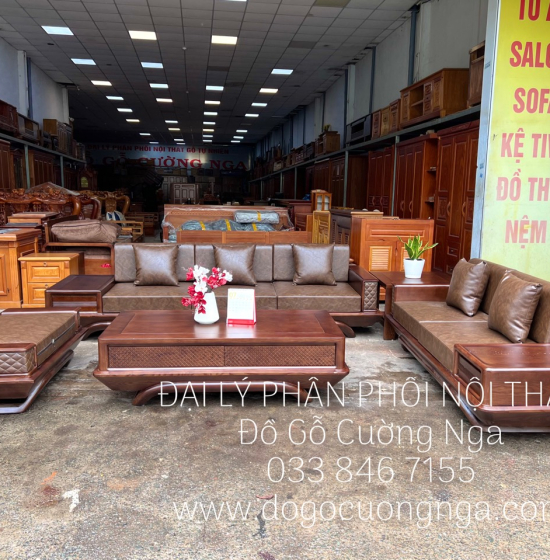 Bàn Ghế Sofa Gỗ Sồi Nga 2 Văng Lau Màu Óc Chó Tay Da Cao Cấp