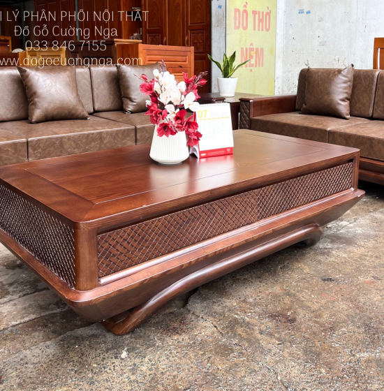 Bàn Ghế Sofa Gỗ Sồi Nga 2 Văng Lau Màu Óc Chó Tay Da Cao Cấp