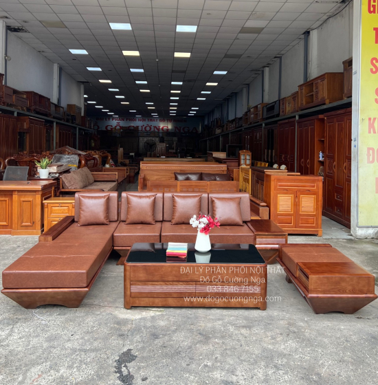 Bàn Ghế Sofa Góc L Gỗ Sồi Nga Chân Thuyền Hiện Đại 2m8x1m8