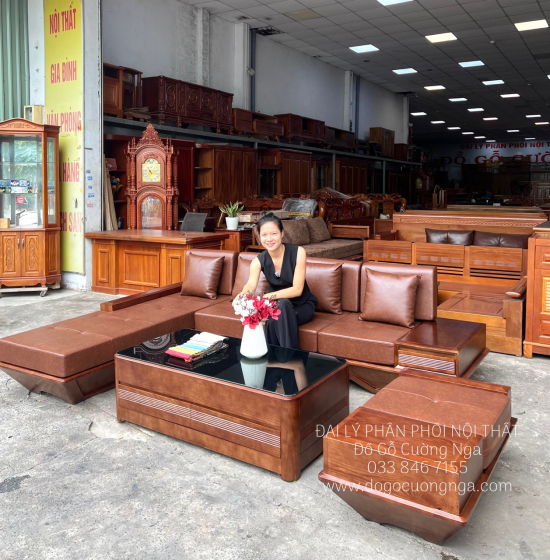 Bàn Ghế Sofa Góc L Gỗ Sồi Nga Chân Thuyền Hiện Đại 2m8x1m8