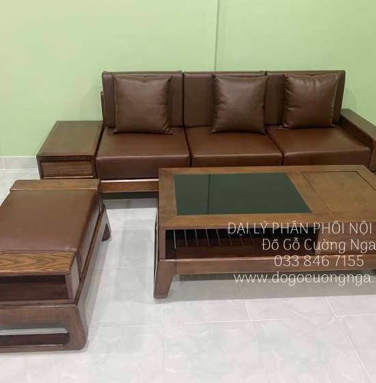 Bộ Sofa Văng Gỗ Sồi Nga Lau Màu Óc Chó 2m3 Kèm Nệm 