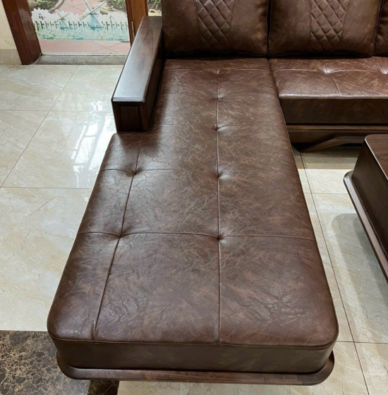 Ghế Sofa Gỗ Óc Chó Góc L 3m15 X 2m15 Kèm Nệm Da Cao Cấp 