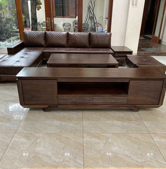 Ghế Sofa Gỗ Óc Chó Góc L 3m15 X 2m15 Kèm Nệm Da Cao Cấp 