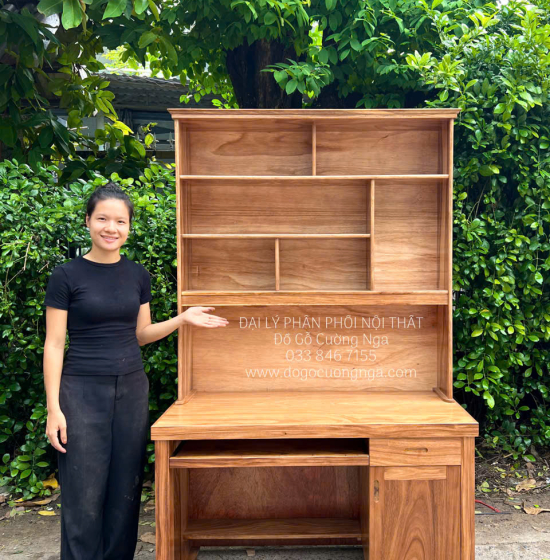 Bàn Học Sinh Gỗ Hương Xám 1m2 Kèm Giá Sách Hiện Đại 