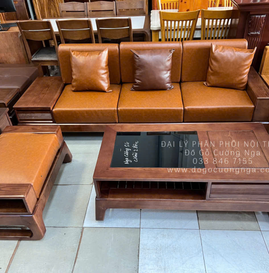 Bộ Bàn Ghế Sofa Gỗ Sồi Nga Văng 2m35 Lau Màu Óc Chó Nhỏ Gọn 