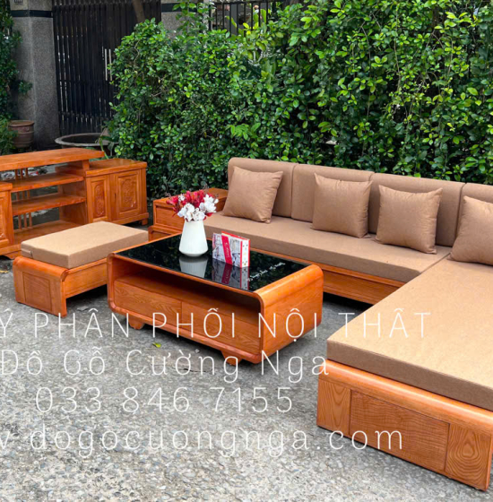 Ghế Sofa Gỗ Sồi Nga Góc L 2m8x1m8 Chân Cuốn Màu Gõ Đỏ 