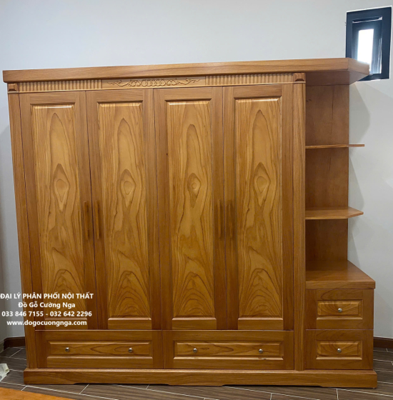 Tủ quần áo gỗ gõ đỏ 4 cánh 2m3 vế trái - kèm kệ trang trí 