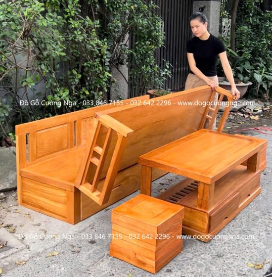 Giường Gấp Gọn Đa Năng Gỗ Gõ Đỏ Ngăn Kéo Hiện Đại 