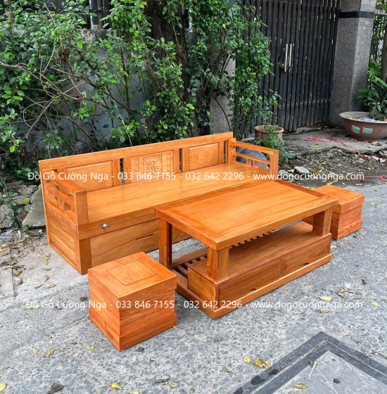 Giường Gấp Thông Minh Gỗ Gõ Đỏ Kết Hợp Bàn Và Đôn Ngồi 