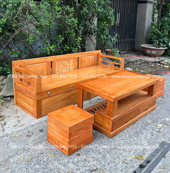 Giường Gấp Thông Minh Gỗ Gõ Đỏ Kết Hợp Bàn Và Đôn Ngồi 