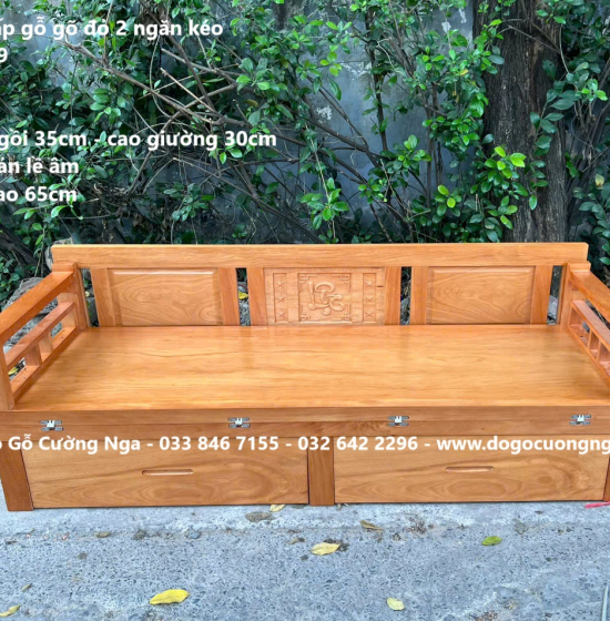 Giường Gấp Thông Minh Gỗ Gõ Đỏ Kết Hợp Bàn Và Đôn Ngồi 
