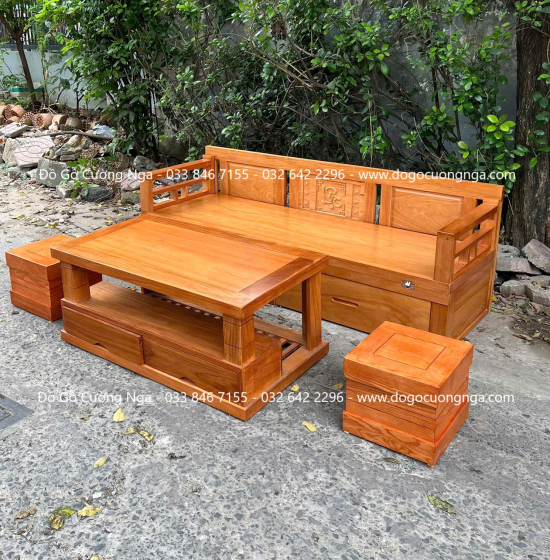 Giường Gấp Thông Minh Gỗ Gõ Đỏ Kết Hợp Bàn Và Đôn Ngồi 