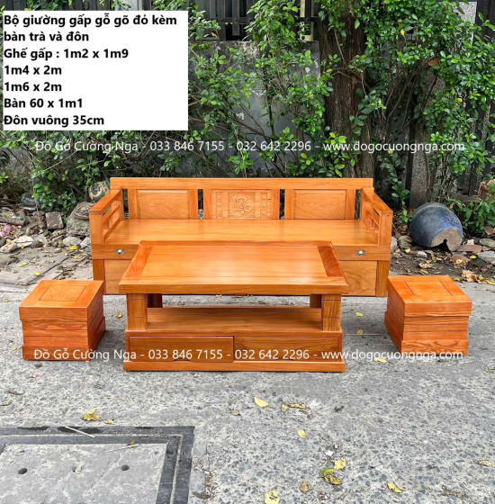 Giường Gấp Thông Minh Gỗ Gõ Đỏ Kết Hợp Bàn Và Đôn Ngồi 