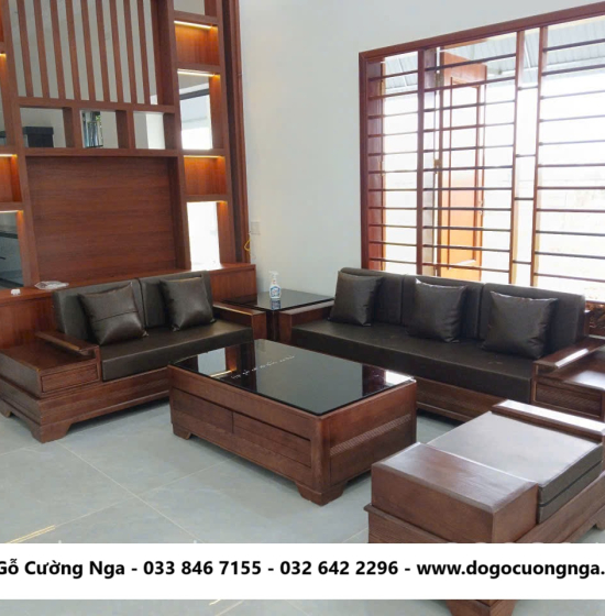 Bộ Bàn Ghế Sofa Gỗ Sồi Nga 2 Văng Chân Pháo kết Hợp Nệm