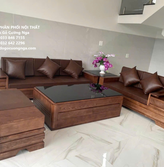 Bộ Bàn Ghế Sofa Gỗ Sồi Nga 2 Văng Chân Pháo kết Hợp Nệm