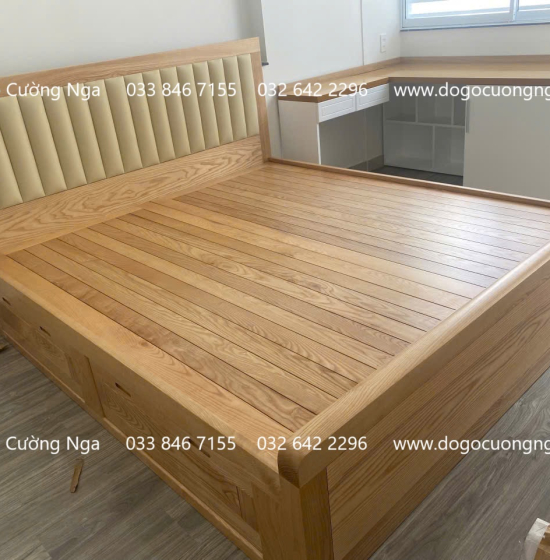 Giường Ngủ Gỗ Sồi Nga Cao Cấp 2 Ngăn Kéo Bọc Nệm  