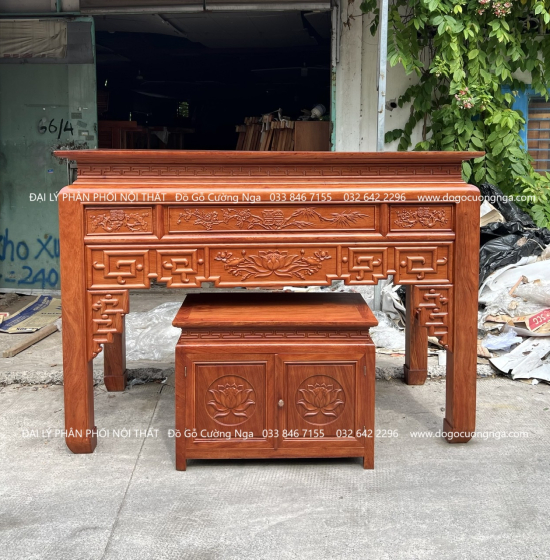 Bàn Thờ Gỗ Hương Đá Tự Nhiên Cao Cấp Kèm Tủ Táp 1m75 Trạm Sen 