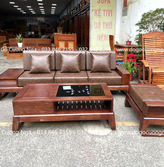 Bàn Ghế Gỗ Sồi Lau Màu Óc Chó Chân Choãi Kèm Nệm Cao Su 