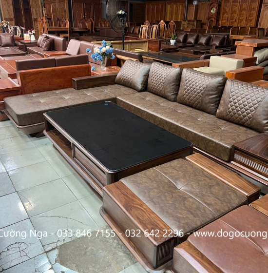 Ghế Sofa Gỗ Óc Chó Góc L 3m15 X 2m15 Kèm Nệm Da Cao Cấp 