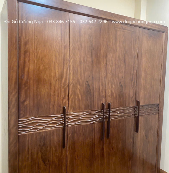 Tủ Quần Áo Gỗ Hương Xám 4 Cánh Màu Óc Chó - Mẫu Cánh Sóng Hiện Đại 