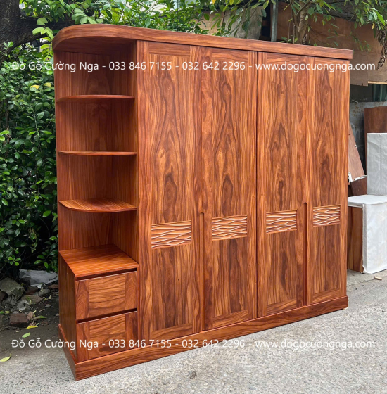 Tủ Quần Áo Gỗ Cẩm Vân 4 Cánh Kết Hợp Góc Trang Trí Hiện Đại 