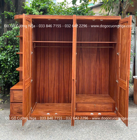Tủ Quần Áo Gỗ Cẩm Vân 4 Cánh Kết Hợp Góc Trang Trí Hiện Đại 