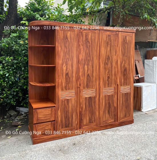 Tủ Quần Áo Gỗ Cẩm Vân 4 Cánh Kết Hợp Góc Trang Trí Hiện Đại 
