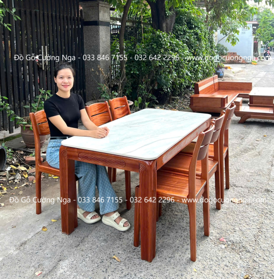 Bàn ăn gỗ Xoan Đào mặt đá cao cấp - 6 ghế BG 027