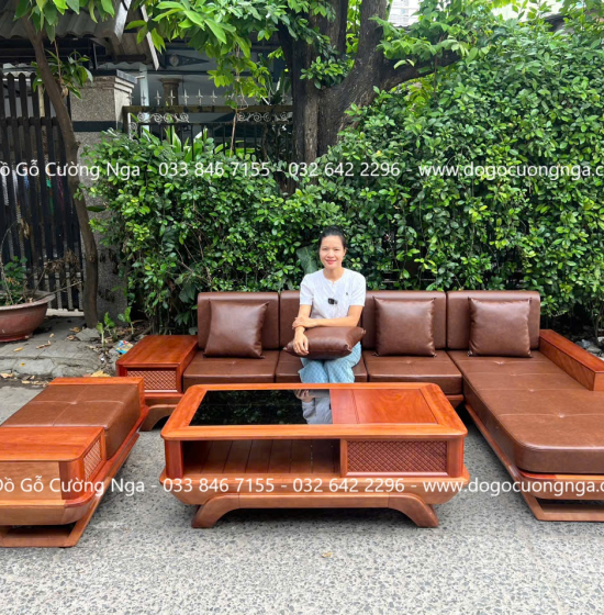 Sofa Gỗ Hương Chân Thuyền 2m9x1m8 Kèm Nệm Cao Su 