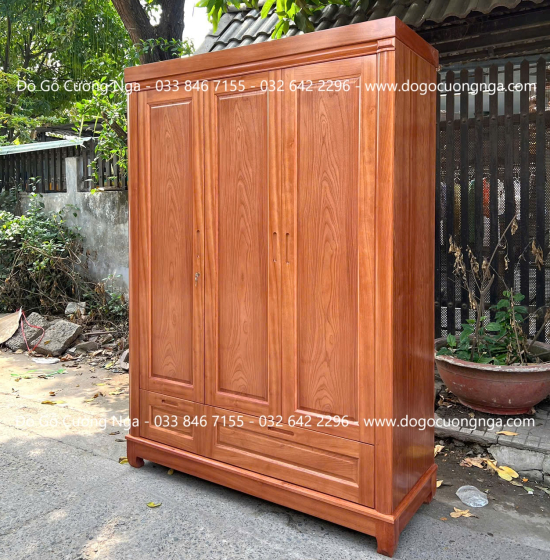 Tủ Quần Áo Gỗ Xoan Đào 3 Cánh Trơn Thiết Kế 2 Buồng 