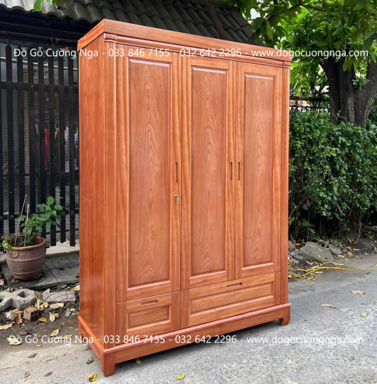 Tủ Quần Áo Gỗ Xoan Đào 3 Cánh Trơn Thiết Kế 2 Buồng 