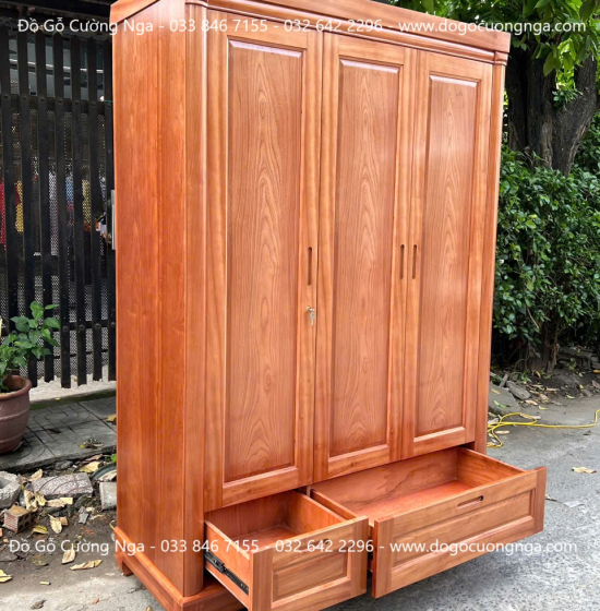 Tủ Quần Áo Gỗ Xoan Đào 3 Cánh Trơn Thiết Kế 2 Buồng 
