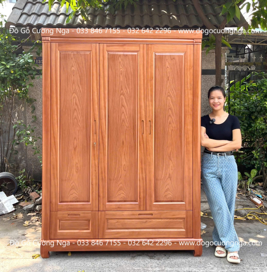Tủ Quần Áo Gỗ Xoan Đào 3 Cánh Trơn Thiết Kế 2 Buồng 