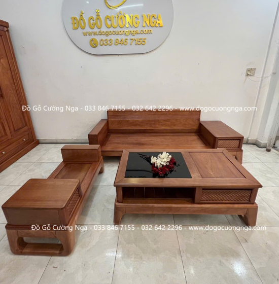 Ghế Sofa Văng Gỗ Xoan Đào Chân Choãi Hiện Đại 3 Món 