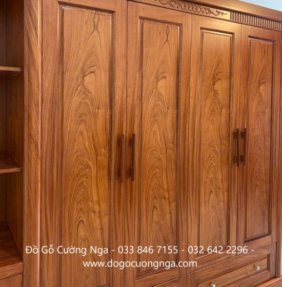 Tủ Quần Áo Gỗ Hương Đá 4 Cánh Kèm Kệ Vế Trái 