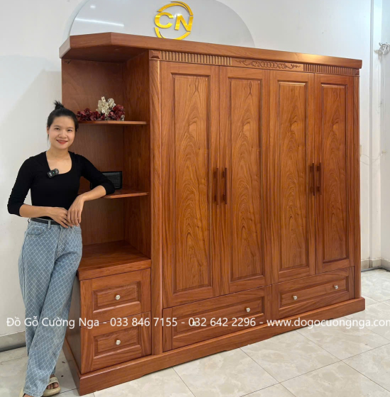 Tủ Quần Áo Gỗ Hương Đá 4 Cánh Kèm Kệ Vế Trái 