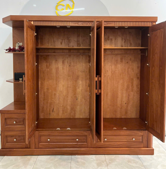 Tủ Quần Áo Gỗ Hương Đá 4 Cánh Kèm Kệ Vế Trái 