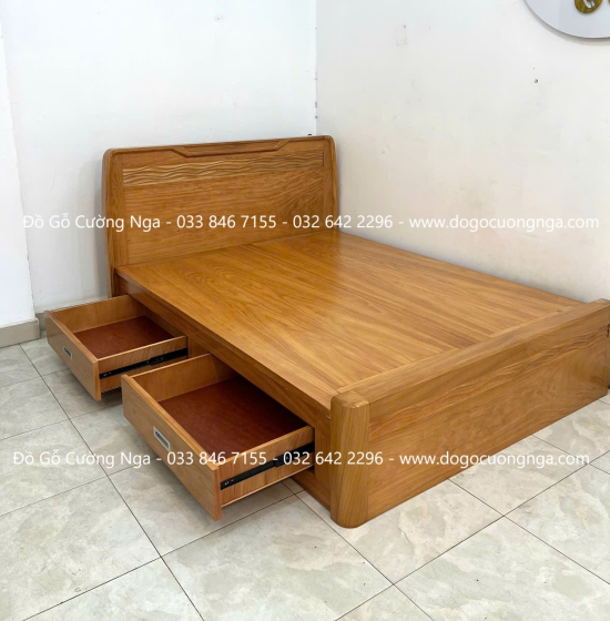 Giường Ngủ Gỗ Gõ Đỏ Hiện Đại Trạm Sóng 2 Ngăn Kéo 