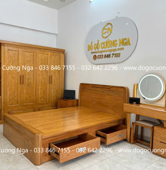 Giường Ngủ Gỗ Gõ Đỏ Hiện Đại Trạm Sóng 2 Ngăn Kéo 