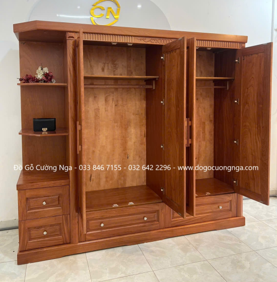 Tủ Quần Áo Gỗ Hương Đá 4 Cánh Kèm Kệ Vế Trái 