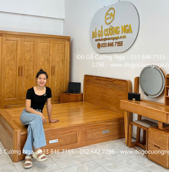 Giường Ngủ Gỗ Gõ Đỏ Hiện Đại Trạm Sóng 2 Ngăn Kéo 