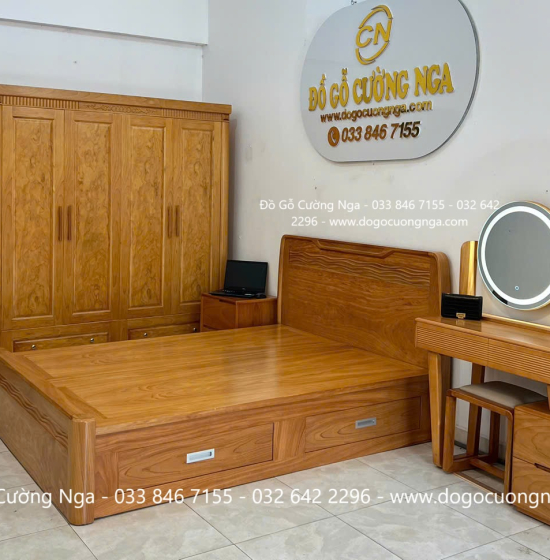 Giường Ngủ Gỗ Gõ Đỏ Hiện Đại Trạm Sóng 2 Ngăn Kéo 
