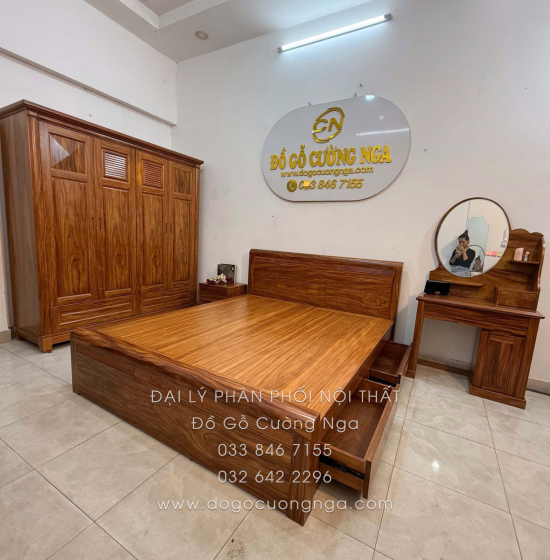 Giường Ngủ Gỗ Cẩm 2 Ngăn Kéo Hiện Đại - Vạt Phản Liền
