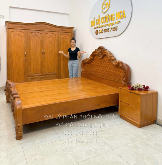 Combo Phòng Ngủ Gỗ Gõ Đỏ 3 Chi Tiết - Hoa Văn Tân Cổ Điển