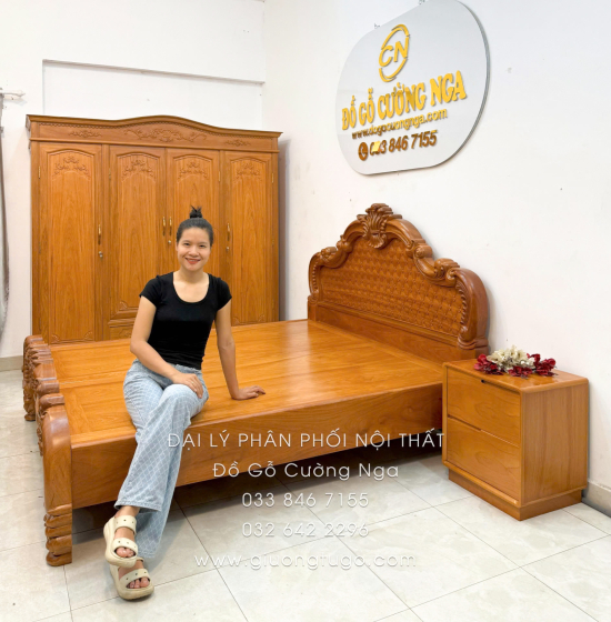 Combo Phòng Ngủ Gỗ Gõ Đỏ 3 Chi Tiết - Hoa Văn Tân Cổ Điển
