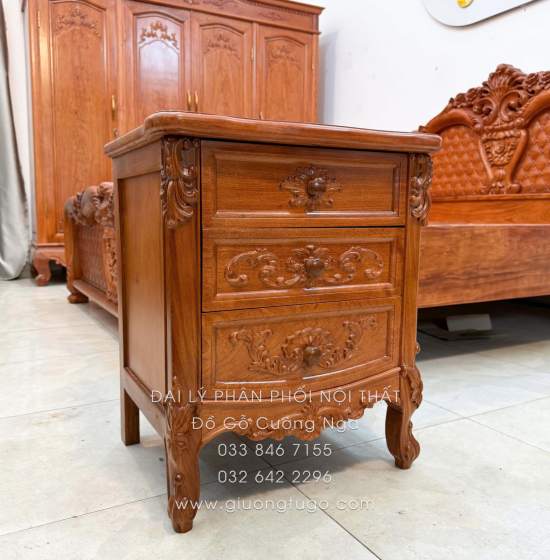 Tủ Táp Đầu Giường Gỗ Hương Đá 3 Ngăn Kéo Tân Cổ Điển